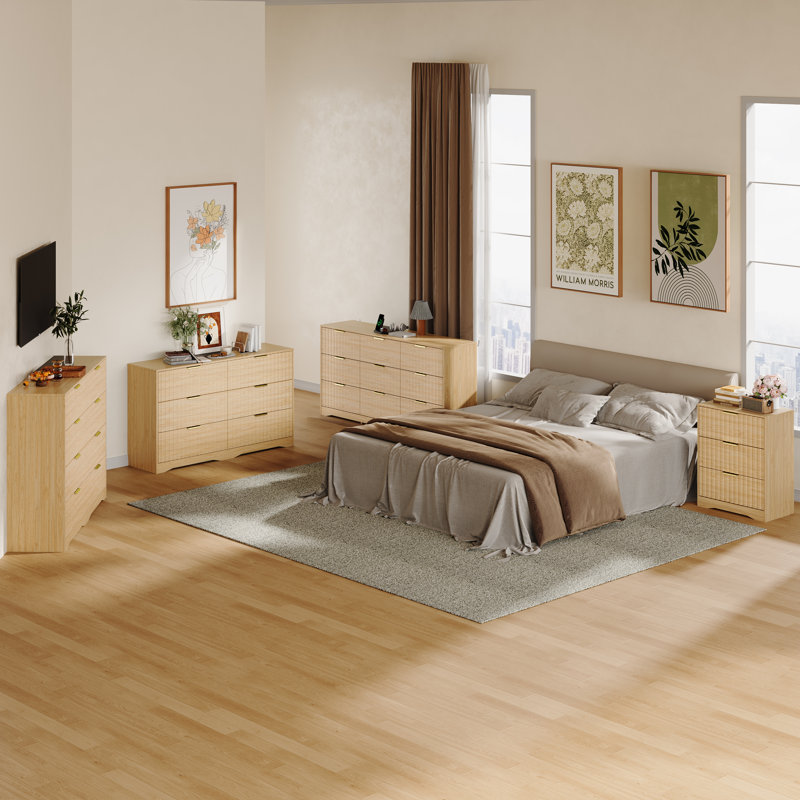 Commode en bois cannelé de 55 pouces à 6 tiroirs, Chêne naturel