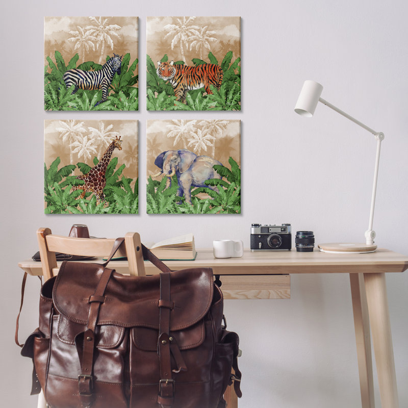 «Jungle Animals & Palms», ensemble de 4 toiles murales par Paul Brent