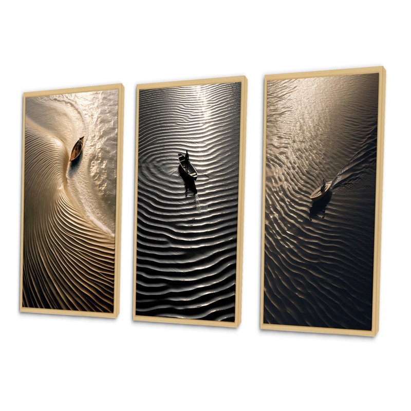 «Nautical Serenity en noir et blanc», 3 pièces sur toile, Cadre naturel flottant, H 40 po x l 60 po