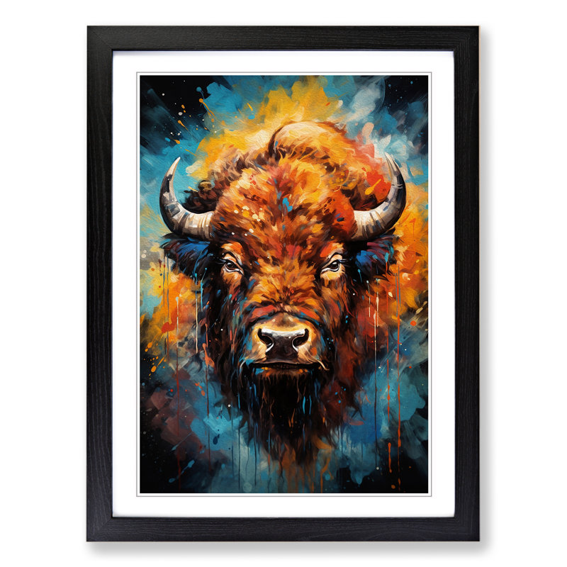 Bison Abstract - Single Picture Frame Print on Wood, 46cm H x 34cm W x 2cm D, Black Framed