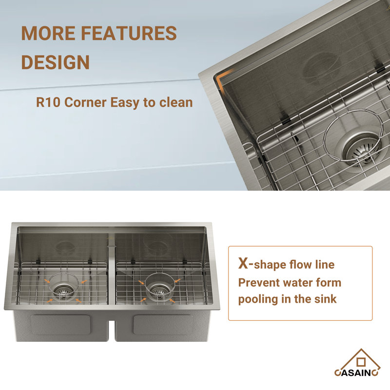 33'' L Double Bowl Stainless Steel Kitchen Sink, Silver/Black