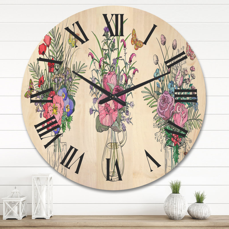 Horloge murale Bouquets de fleurs sauvages dans des vases transparents II, Grand