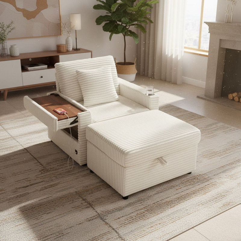 Méridienne de lecture avec ports de chargement USB, porte-gobelets, repose-pieds de rangement et tableau, Blanc