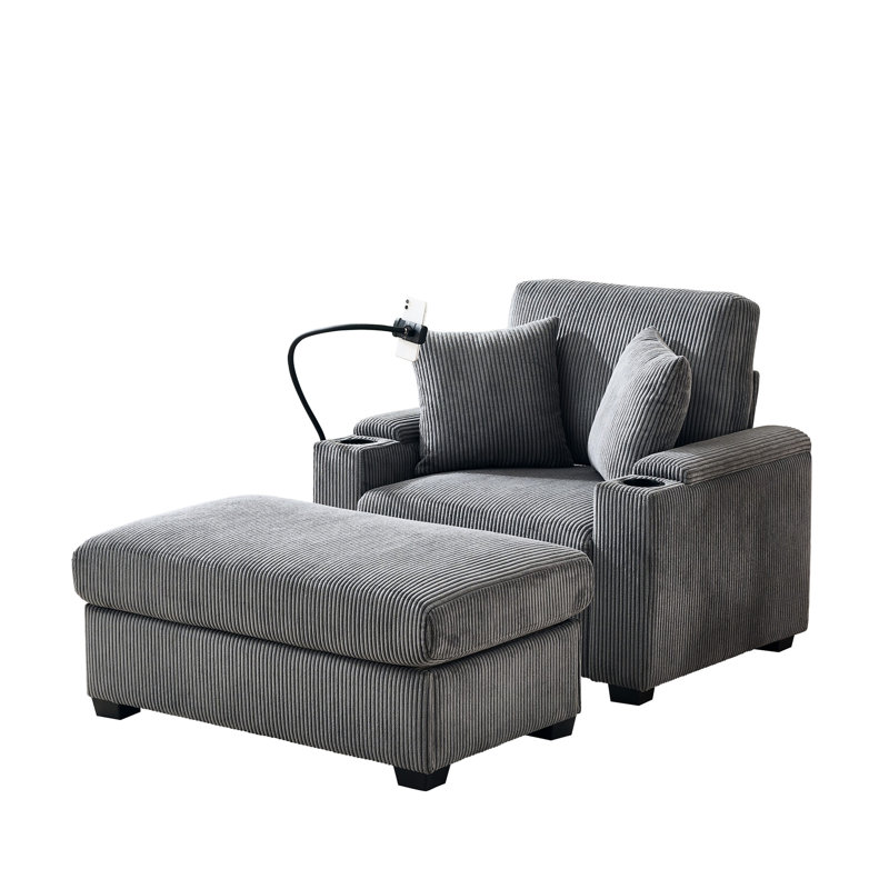 Méridienne surdimensionnée grise de 55 po avec rangement, porte-gobelet, support pour téléphone et port de charge, cadre en bois de pin massif et mousse haute densité pour chambre à coucher inclinable moderne, port