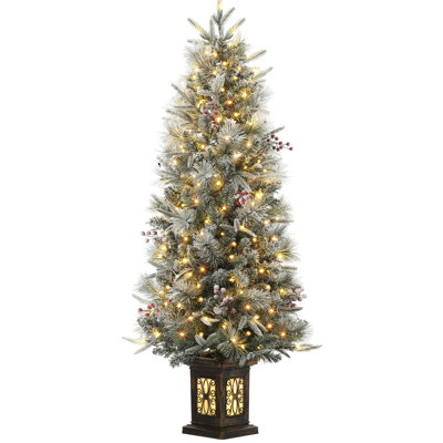 Christmas Tree-Fat Tree Body Contains 4.5Fth Potted Tree 200 Lights, 8-Mode, Frost Blossom Cedar, 4 Red Fruits, Nine-Headed Bird Light Box Base