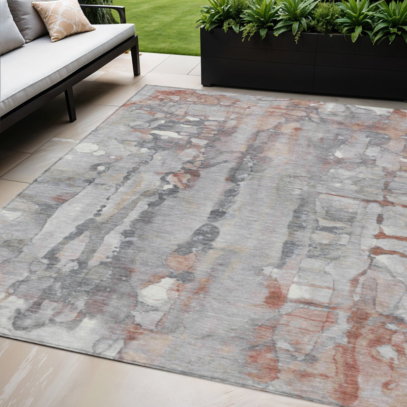 5' X 8' Copper And Gray Abstract Washable Indoor Outdoor Area Rug, Rectangle 5' X 8'