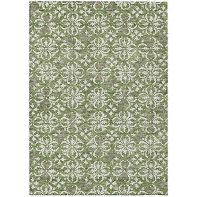10' X 14' Green Gray And Ivory Floral Washable Indoor Outdoor Area Rug
