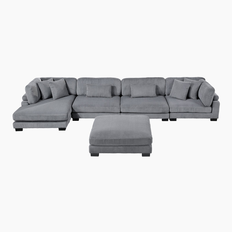 Hulett Modern Modular Sectional with Corduroy Fabric, Adjustable Backrests, Pocket Coils, Gray Corduroy