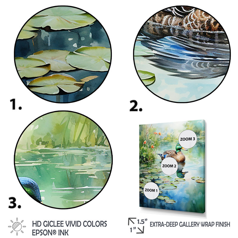 Duck Pond Reflections IV - Duck Animal, art mural, Cadre flottant noir, H 20 po x l 12 po