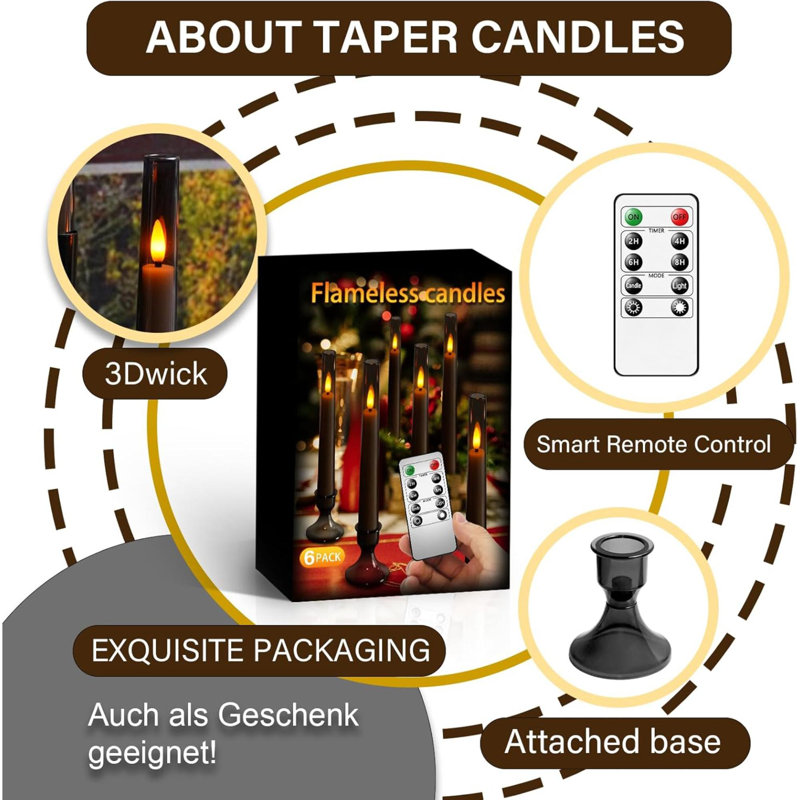 Upgraded Flameless Taper Candles With Remote,6 PC Acrylic Battery Operated Candles With Candlesticks,Flickering Led Window Candles For Home Table And Wedding Decor(Grey)