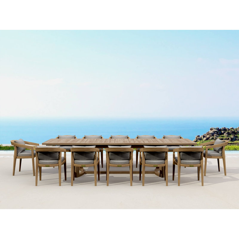 Outdoor 13 - Piece Teak Dining Set with Cushions, Light Gray
