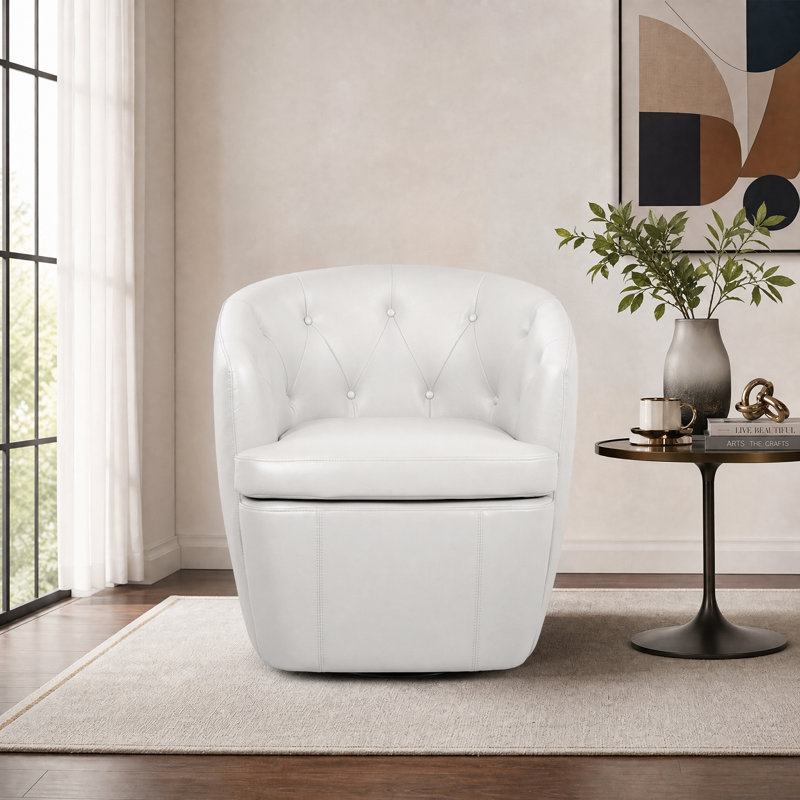 Classic Tuffted Vegan Faux Leather Swivel Barrel Chair No Assembly Required, White
