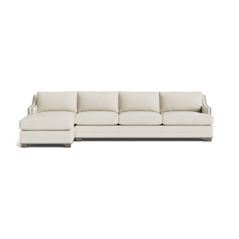 Canapé d'angle Keaton en cuir avec accoudoirs inclinés et clous décoratifs, méridienne gauche, Nickel brossé, Bois flotté