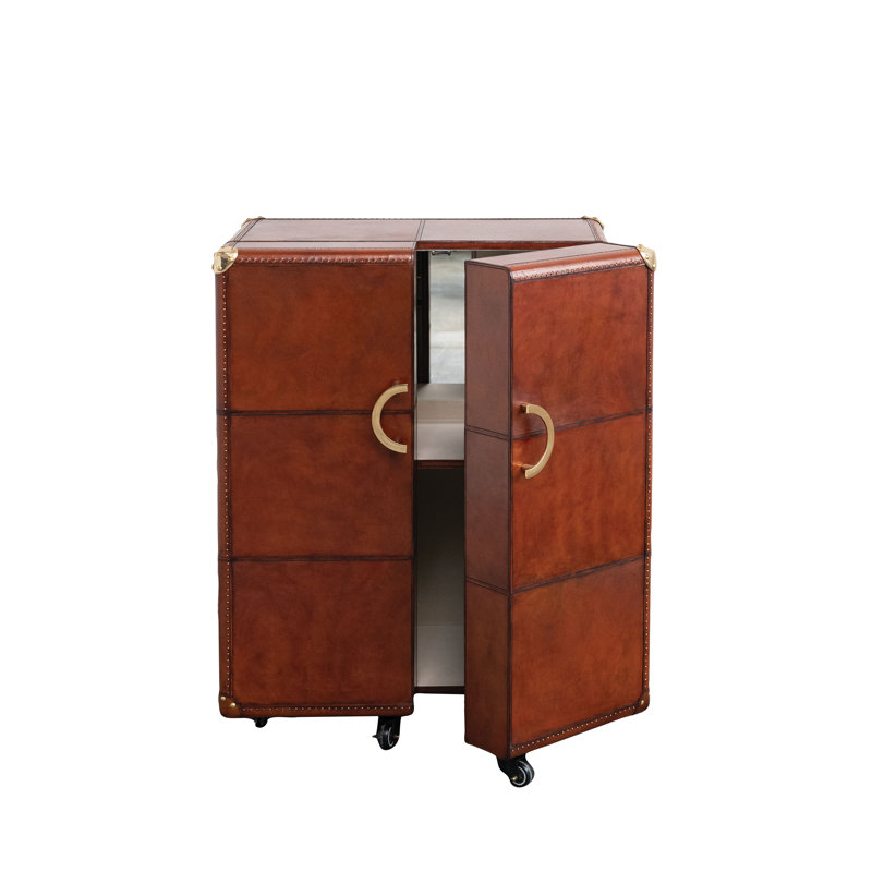 Bar en bois récupéré et cuir sur roulettes avec intérieur floqué