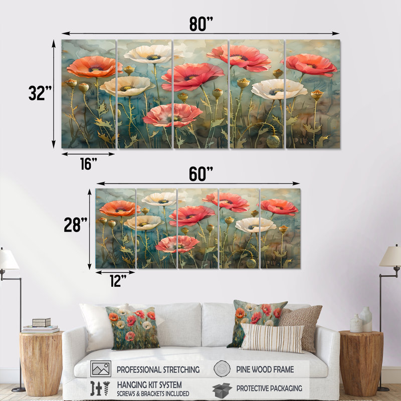Totnes - ensemble d'art mural coquelicots, H 32 po x l 80 po