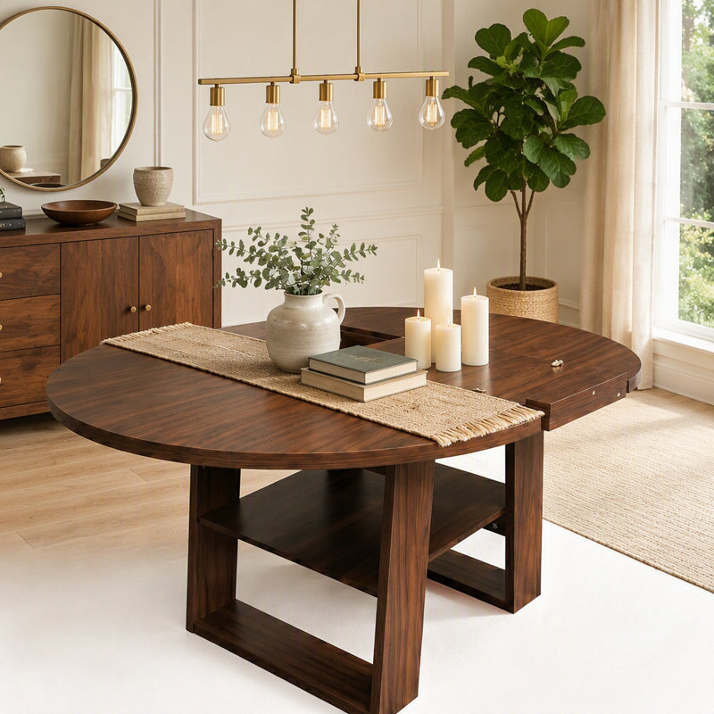 Table de salle à manger extensible ronde 43,3 "à 59" pour 4-6, table de cuisine ronde à ovale avec rallonge rabattable intégrée, base stable en H et tablette de rangement, noyer