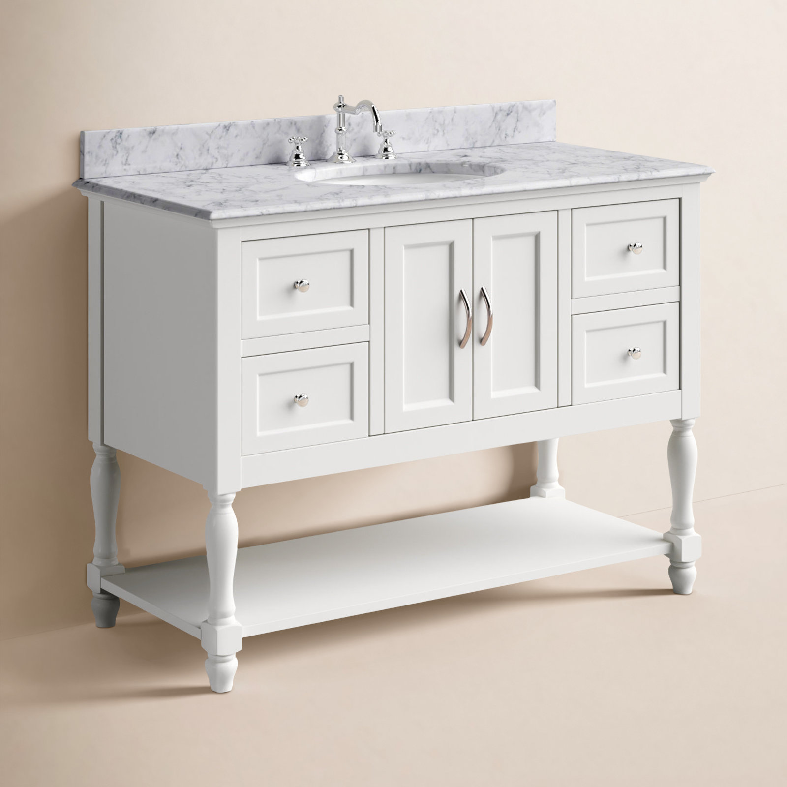 Hampton 48'' Single Bathroom Vanity, White, Carrara Marble