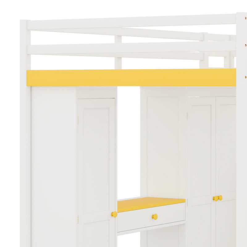 Lit mezzanine avec escalier de rangement, coiffeuse, garde-robe, ports de chargement USB, Blanc / jaune