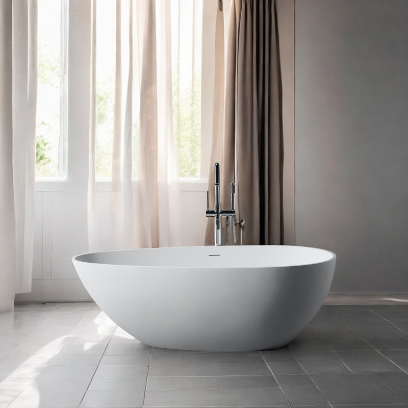 59" X 30.75" Solid Surface Stone Resin Freestanding Soaking Bathtub, Matte White
