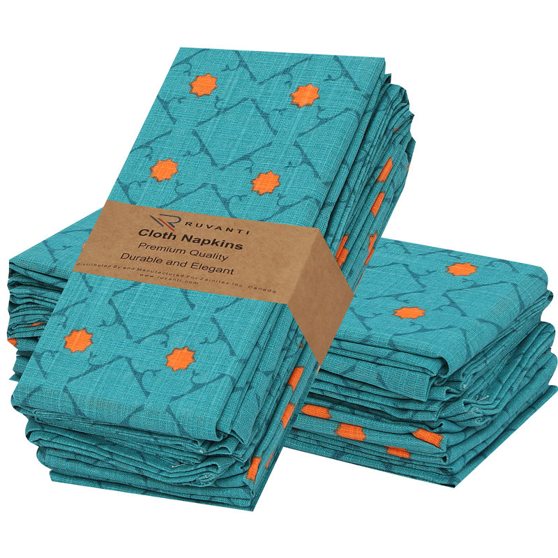 Serviettes de table 100% coton à imprimé multicolore, Bleu sarcelle / orange