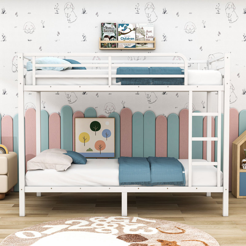 Metal Bunk Bed With Guardrails And Ladder, White, Twin XL Over Twin XL