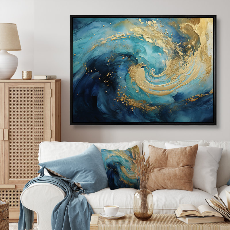 Golden Sapphire Surge IV - Abstract Spirals Wall Art Living Room, H 16 po x l 32 po x P 1 po, Cadre flottant noir