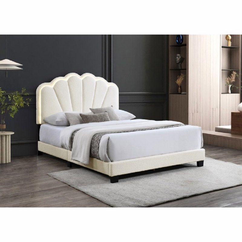 Lit plateforme simple à DEL moderne avec tête de lit arquée Shell Glam Modern, beige, Lit simple, Beige