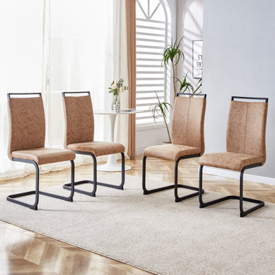 Chaises de salle à manger modernes, chaise d'appoint rembourrée à dossier haut en tissu technologique avec pieds en tube de métal en forme de C pour la salle à manger Chaise de bureau d'invité pour meuble-lavabo (ensemble de 4) Brun