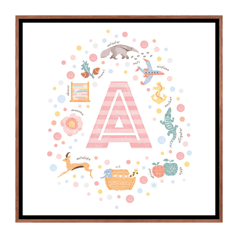 Lettre illustrée A - rose, Pas de tapis, Toile avec cadre brun, H 37 po x l 37 po x P 1,5 po