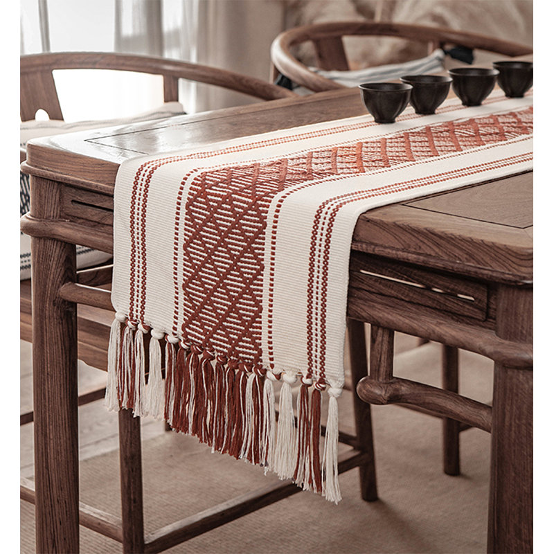 Yellow Diamond Stitched & Tasseled Cotton Blend 14"X71" Table Runner, Red, 86" L x 14" W