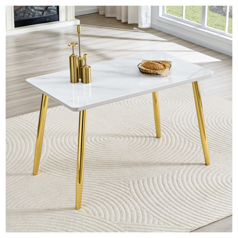 Table de salle à manger moderne en faux marbre avec pieds dorés - Table de cuisine rectangulaire en verre trempé, Doré