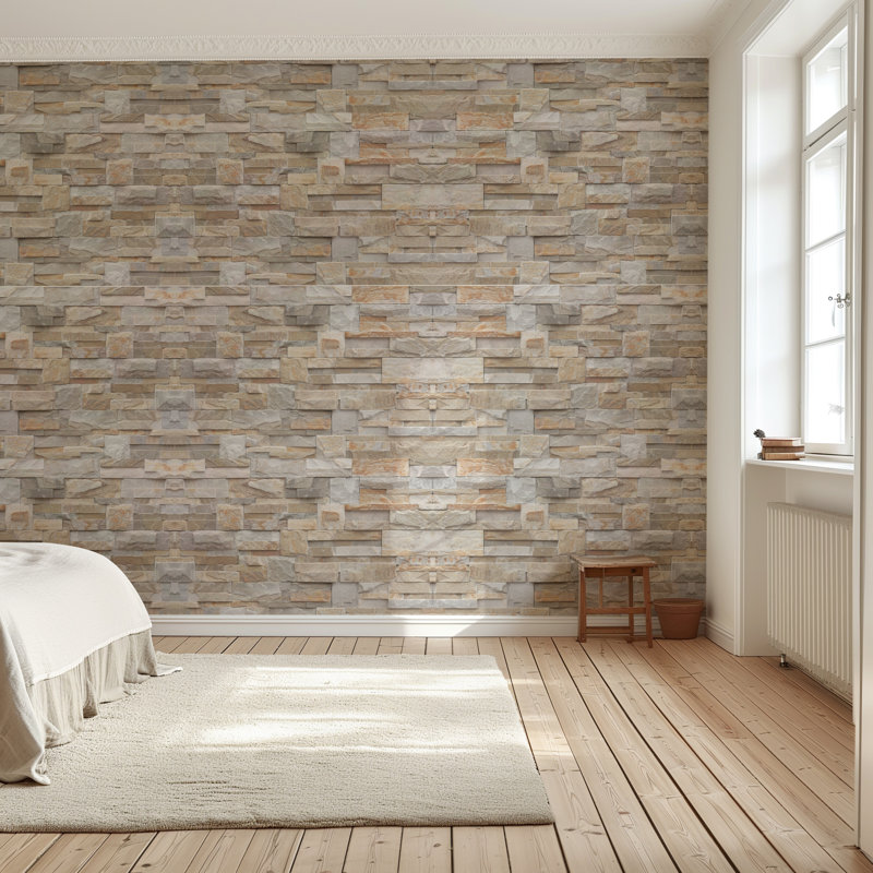 Papier peint auto-adhésif rustique en pierre empilable - Murale réaliste en brique grise et beige pour les intérieurs de ferme ou industriels - Convient à tous les murs texturés