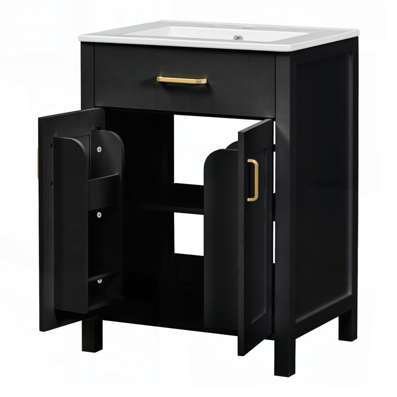Meuble-lavabo moderne de 48 pouces avec lavabo en céramique, portes à fermeture en douceur, tiroir rabattable et tablettes à double couche, solution de rangement élégante