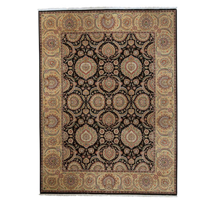 Tapis oriental vert foncé / or / brun / ivoire en laine noué à la main 8 pi 9 po x 11 pi 9 po Oriental