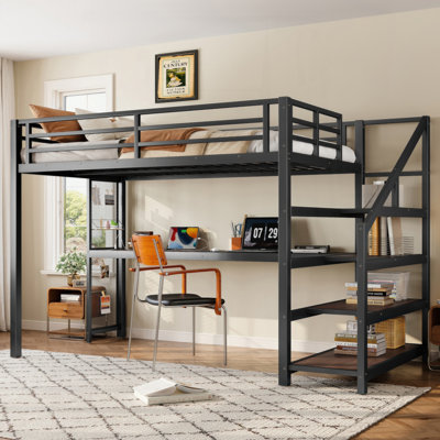 Loft Bed With Desk And Storage Stairs, Metal Loft Beds With LED Lights, USB Ports, Multifunctional Iron Nets, No Spring Box Needed And Noise-Free