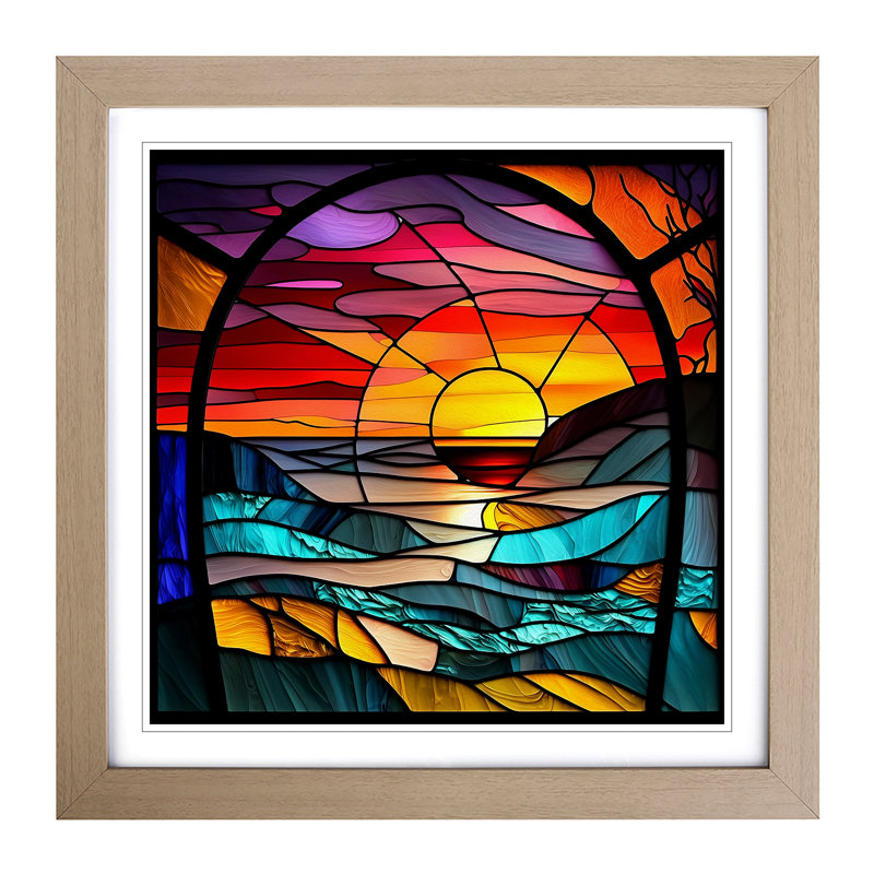 Sunset Stained Glass Effect - Single Picture Frame Print on Wood, Oak