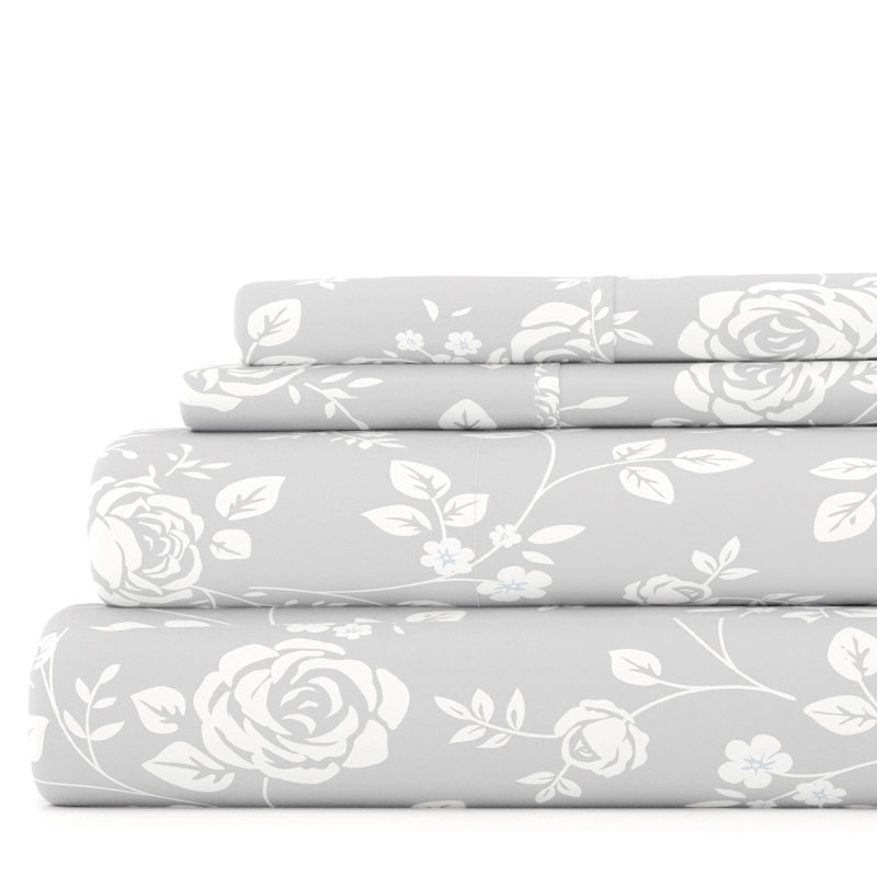 Twin Light Gray Rose Print Cotton Microfiber Sheet Set