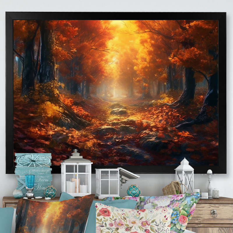 Forêt, sérénité, après-midi, lumière du soleil en automne I - forêt, reproduction d'art sur toile, Cadre photo noir