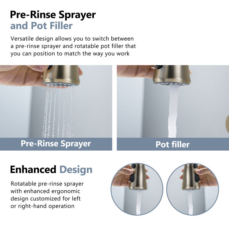 Brushed Gold Wall-Mounted Kitchen Faucet with Pull-Out Spray