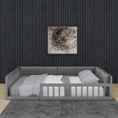 Lit plateforme tapissier en bois pleine grandeur avec garde-corps et coussin