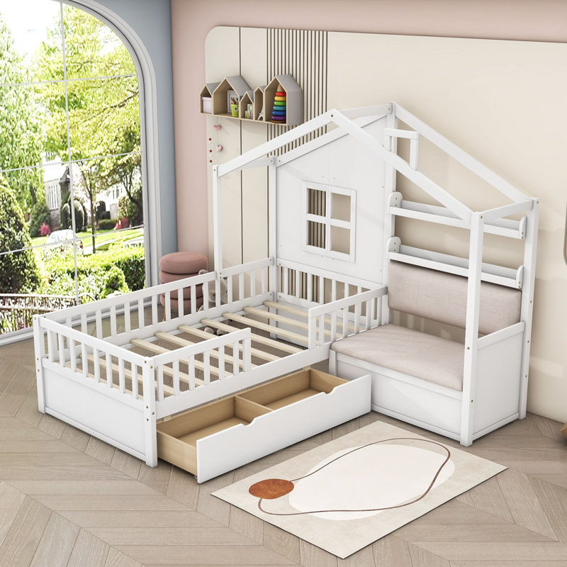 Abin Twin Size Wood House Bed with Two Drawers,Seat and Shelf, White