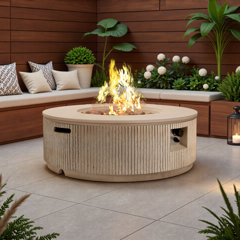 38.19'' MGO Propane Outdoor Fire Pit With Vertical Stripe Design, 50000 BTU Round Fire Pit Table With Steel Burner, Adjustable Flame Control, Lava Rocks