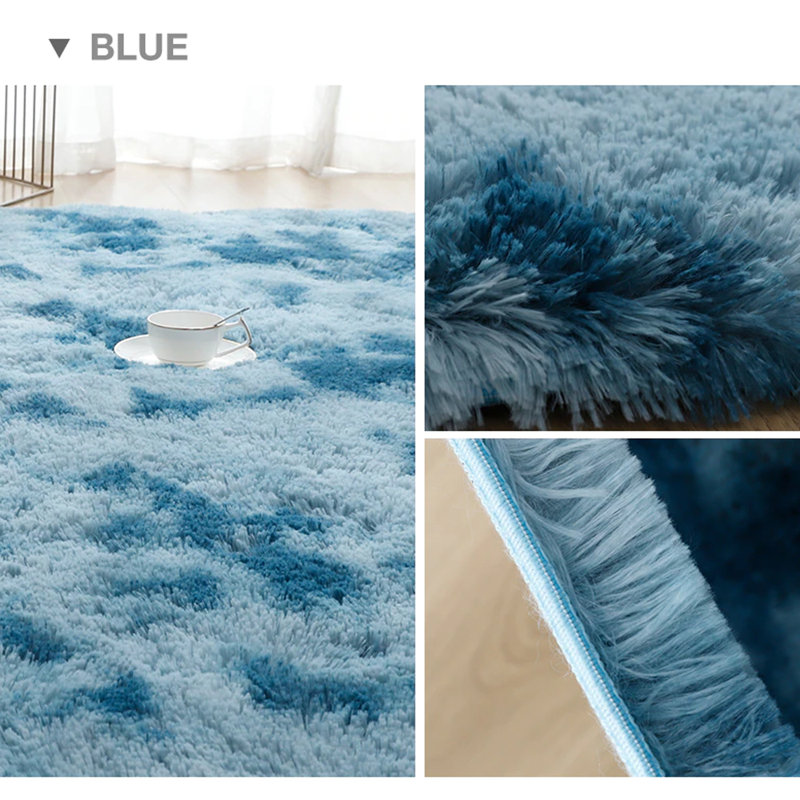 Tapis bleu à poils longs fabriqué à la main, Rectangle 6 pi 6 po x 9 pi