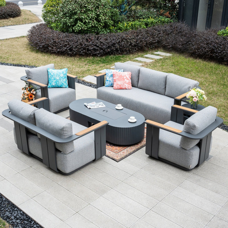 5-Piece Outdoor Sofa Set with Fire Pit Table