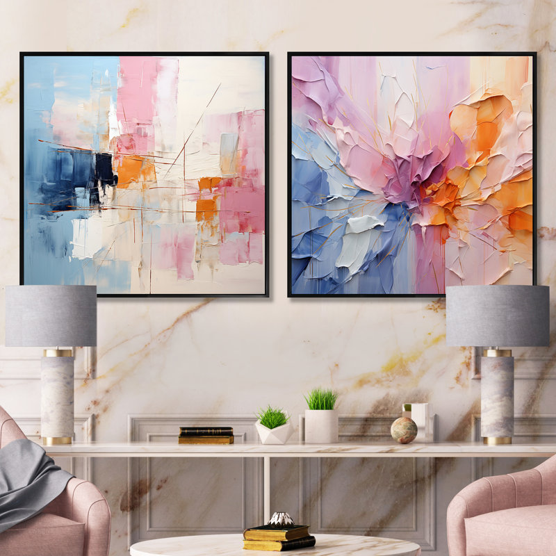 Patchwork abstrait - Ensemble de 2 collages abstraits carrés, Cadre flottant noir, H 16 po x l 33 po