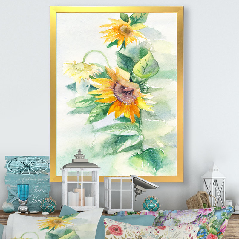Élégant tournesol Bouet - Art mural sur toile traditionnel, H 32 po x l 16 po x P 1 po, Encadrement doré