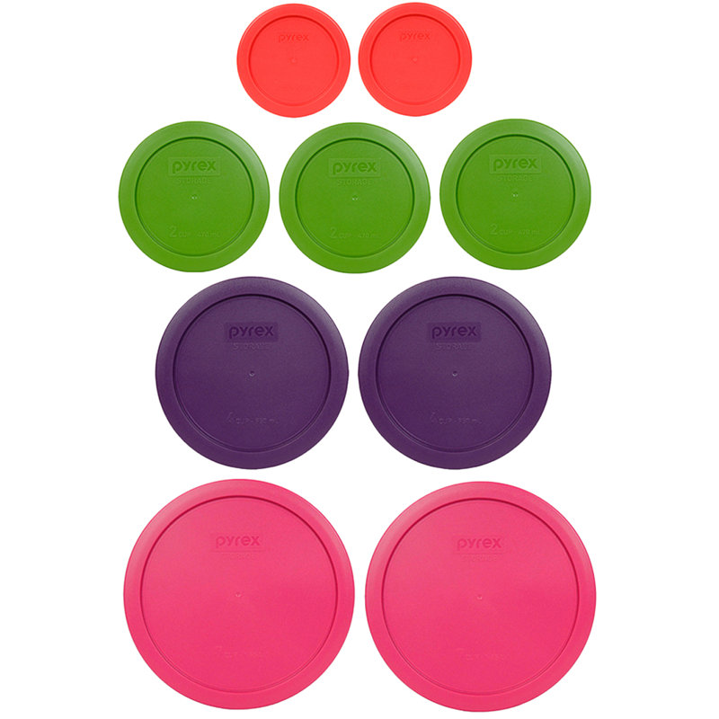 Couvercles Pyrex 7202-PC rouge, 7200-PC pelouse vert, 7201-PC mauve et 7402-PC fuchsia couvercles
