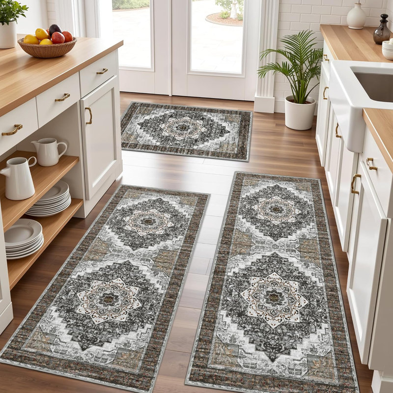 Boho Kitchen Mats Non Slip Sets of 3, Gray Brown