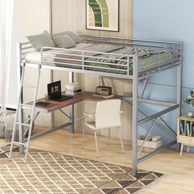 Lit Loft en métal et panneau de fibres à densité moyenne avec bureau intégré, tablette et garde-corps de sécurité pour poste de travail et peu encombrant