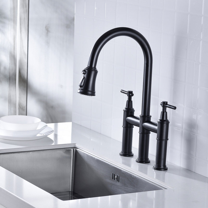 Bridge Kitchen Faucet With Pull-Down Sprayhead In Spot, Matte Black